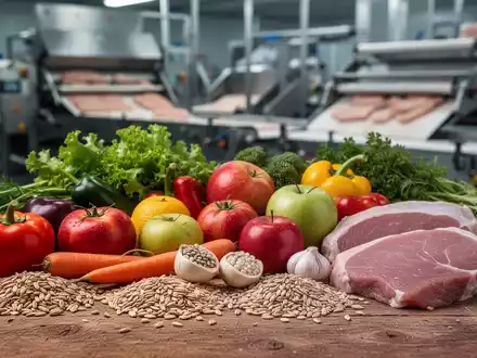 Eine Nahaufnahme von frischen, unverarbeiteten Lebensmitteln wie Gemüse, Obst und Getreide auf einem Holztisch, im Kontrast zu verschwommenen industriellen Elementen im Hintergrund. - Foto: über boerse-global.de