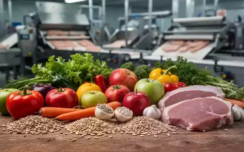 Eine Nahaufnahme von frischen, unverarbeiteten Lebensmitteln wie Gemüse, Obst und Getreide auf einem Holztisch, im Kontrast zu verschwommenen industriellen Elementen im Hintergrund. - Foto: über boerse-global.de