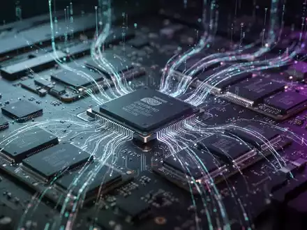 Nahaufnahme von GPU-Komponenten und Speicherchips mit leuchtenden Datenströmen, die die Komplexität von KI-Hardware und Lieferkettenengpässen veranschaulichen. - Foto: über boerse-global.de