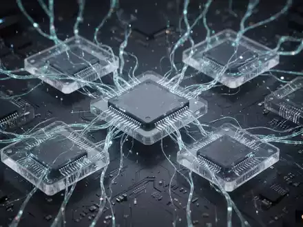 Abstrakte Darstellung von KI-Neuralnetzlinien, die sich mit transparenten Siliziumchips verflechten, symbolisiert Hardware-Optimierung für LLMs. - Foto: über boerse-global.de