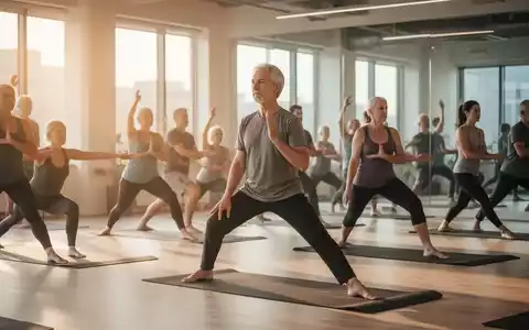 Eine Gruppe von Menschen praktiziert Yoga auf Matten in einem hellen, modernen Studio, das Ruhe und Achtsamkeit ausstrahlt. - Foto: über boerse-global.de