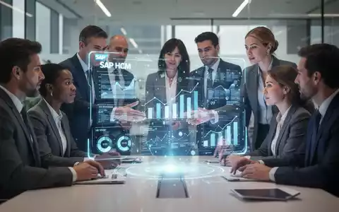Geschäftsleute arbeiten an einer holografischen Anzeige mit SAP HCM-Daten, die den Bedarf an HR-IT-Spezialisten symbolisiert. - Foto: über boerse-global.de