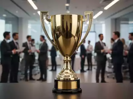 Ein glänzender, goldener Pokal steht scharf im Fokus vor einem unscharfen Hintergrund eines modernen Büros oder Konferenzsaals. - Foto: über boerse-global.de