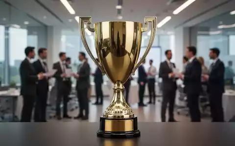 Ein glänzender, goldener Pokal steht scharf im Fokus vor einem unscharfen Hintergrund eines modernen Büros oder Konferenzsaals. - Foto: über boerse-global.de