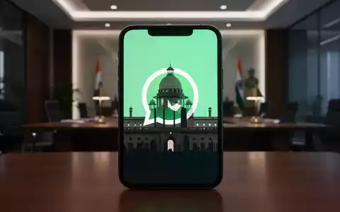 Ein Smartphone mit WhatsApp-Logo, das teilweise das indische Parlamentsgebäude in einem Regierungsbüro verdeckt. - Foto: über boerse-global.de