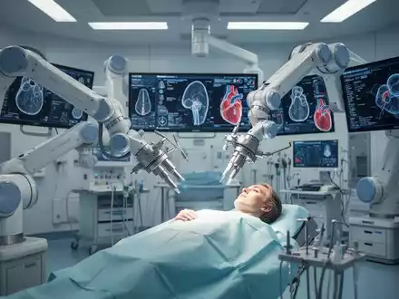 Roboterarme in einem hochmodernen Operationssaal, über einem Patienten schwebend, mit digitalen Bildschirmen im Hintergrund, die medizinische Daten anzeigen. - Foto: über boerse-global.de