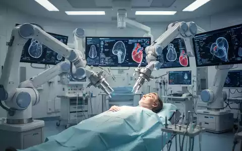 Roboterarme in einem hochmodernen Operationssaal, über einem Patienten schwebend, mit digitalen Bildschirmen im Hintergrund, die medizinische Daten anzeigen. - Foto: über boerse-global.de