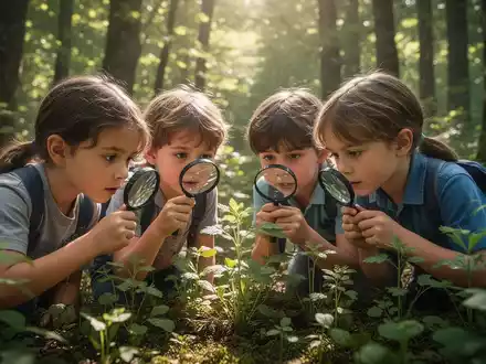 Kinder mit Lupen untersuchen Pflanzen in einem sonnendurchfluteten Wald, konzentriert und neugierig. - Foto: über boerse-global.de
