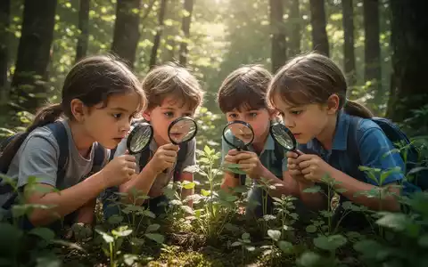 Kinder mit Lupen untersuchen Pflanzen in einem sonnendurchfluteten Wald, konzentriert und neugierig. - Foto: über boerse-global.de