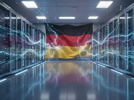 Schlanker, futuristischer Serverraum mit blauen Lichtspuren, der fortschrittliche deutsche Technologie im Wettbewerb mit globalen Tech-Giganten darstellt. - Foto: über boerse-global.de