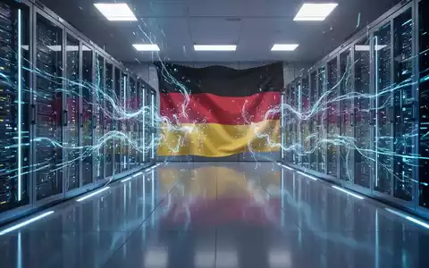 Schlanker, futuristischer Serverraum mit blauen Lichtspuren, der fortschrittliche deutsche Technologie im Wettbewerb mit globalen Tech-Giganten darstellt. - Foto: über boerse-global.de