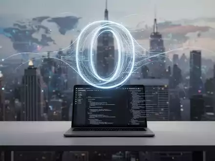 Stilisiertes, leuchtendes digitales 'O'-Symbol über einem Laptop mit Dokumenteneditor im Dark Mode, dahinter verschwommene globale Stadtsilhouette. - Foto: über boerse-global.de
