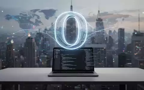 Stilisiertes, leuchtendes digitales 'O'-Symbol über einem Laptop mit Dokumenteneditor im Dark Mode, dahinter verschwommene globale Stadtsilhouette. - Foto: über boerse-global.de