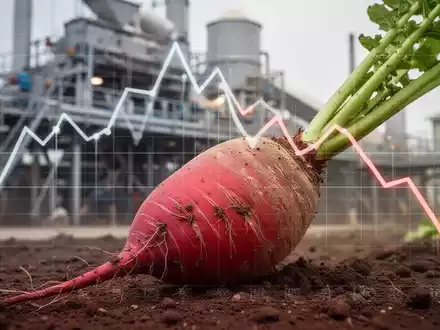 Eine Nahaufnahme einer Zuckerrübe mit verschwommenem Hintergrund von industriellen Zuckermaschinen und einem fallenden Trenddiagramm. - Foto: über boerse-global.de