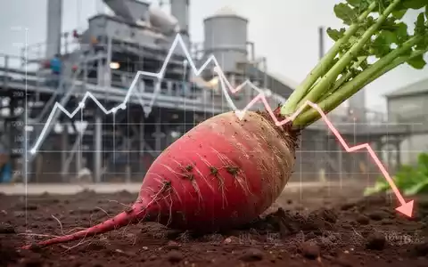 Eine Nahaufnahme einer Zuckerrübe mit verschwommenem Hintergrund von industriellen Zuckermaschinen und einem fallenden Trenddiagramm. - Foto: über boerse-global.de