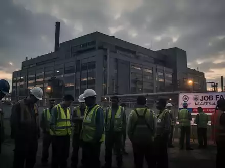 Silhouetten von Fabrikgebäuden und Arbeitern bei Sonnenuntergang, die auf ein Banner für eine Jobmesse blicken. - Foto: über boerse-global.de