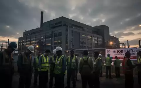 Silhouetten von Fabrikgebäuden und Arbeitern bei Sonnenuntergang, die auf ein Banner für eine Jobmesse blicken. - Foto: über boerse-global.de