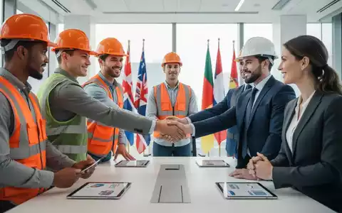 Bauarbeiter und Personalvermittler schütteln sich die Hände, vor dem Hintergrund von digitalen Lösungen und internationalen Flaggen. - Foto: über boerse-global.de