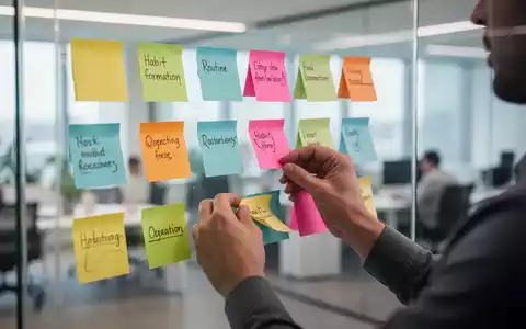 Hände ordnen bunte Haftnotizen auf einer Glastafel, die Organisation und die Bildung von Gewohnheiten symbolisieren, in einem modernen Büro. - Foto: über boerse-global.de