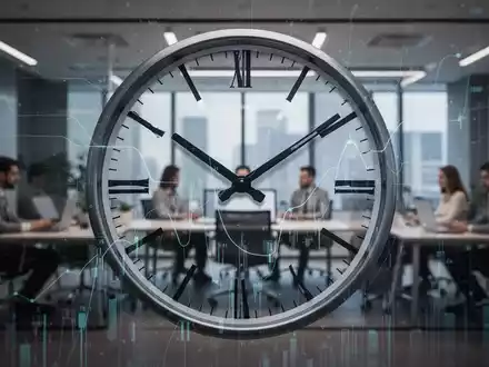 Eine stilisierte Uhr mit Zeigern, die auf längere Arbeitszeiten zeigen, überlagert von digitalen Linien in einem modernen Büro. - Foto: über boerse-global.de
