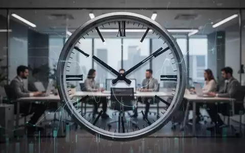 Eine stilisierte Uhr mit Zeigern, die auf längere Arbeitszeiten zeigen, überlagert von digitalen Linien in einem modernen Büro. - Foto: über boerse-global.de
