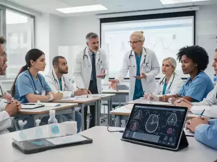 Eine Gruppe von Fachkräften im Gesundheitswesen nimmt an einer Schulung zur Schmerztherapie teil, mit Fokus auf Lernen und Zusammenarbeit. - Foto: über boerse-global.de