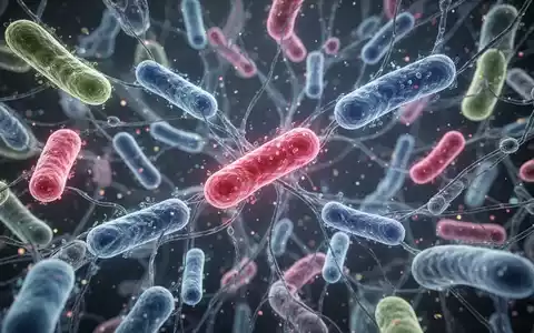 Nahaufnahme einer mikroskopischen Ansicht von Darmbakterien, die ein komplexes, leuchtendes biologisches Netzwerk bilden. - Foto: über boerse-global.de