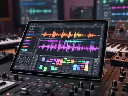 Modernes iPad mit Musikproduktions-App, bunten Wellenformen, Sequenzermustern und virtuellen Synthesizer-Reglern. - Foto: über boerse-global.de