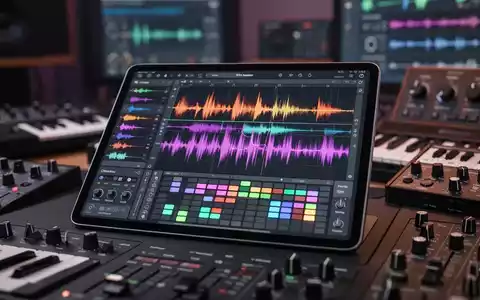 Modernes iPad mit Musikproduktions-App, bunten Wellenformen, Sequenzermustern und virtuellen Synthesizer-Reglern. - Foto: über boerse-global.de