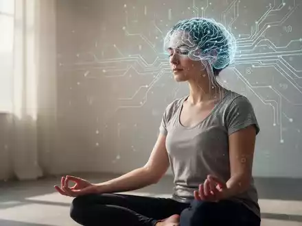 Eine Person meditiert in einer ruhigen Umgebung, während subtile digitale Elemente Gehirnaktivität und Technologie andeuten. - Foto: über boerse-global.de