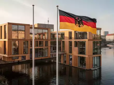 Modernes modulares Holzgebäude am Spreebogen in Berlin, mit deutscher Präsidentenflagge im Vordergrund. - Foto: über boerse-global.de