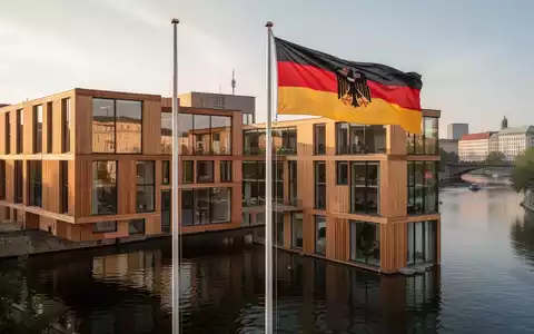 Modernes modulares Holzgebäude am Spreebogen in Berlin, mit deutscher Präsidentenflagge im Vordergrund. - Foto: über boerse-global.de
