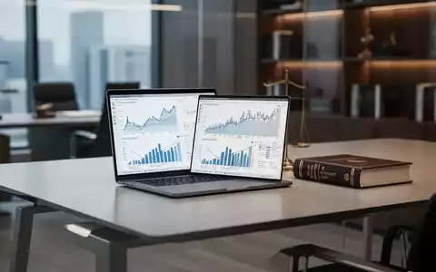 Ein moderner Schreibtisch in einer Anwaltskanzlei mit Laptop, der Finanzdiagramme anzeigt, und einem Gesetzbuch, das Steueroptimierung symbolisiert. - Foto: über boerse-global.de