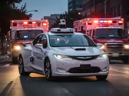 Ein Waymo-Robotaxi hält auf einer Straße und blockiert teilweise ein Einsatzfahrzeug mit Blaulicht im Hintergrund. - Foto: über boerse-global.de