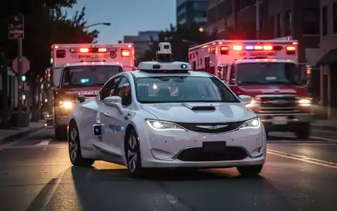 Ein Waymo-Robotaxi hält auf einer Straße und blockiert teilweise ein Einsatzfahrzeug mit Blaulicht im Hintergrund. - Foto: über boerse-global.de