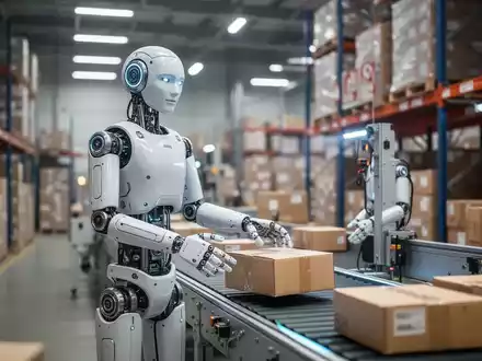 Ein humanoider Roboter sortiert Pakete auf einem Förderband in einem modernen, automatisierten Logistiklager und demonstriert Dauerbetrieb. - Foto: über boerse-global.de
