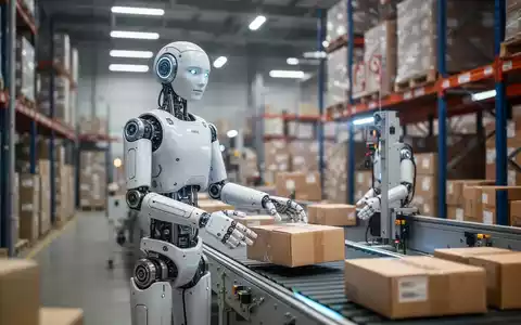 Ein humanoider Roboter sortiert Pakete auf einem Förderband in einem modernen, automatisierten Logistiklager und demonstriert Dauerbetrieb. - Foto: über boerse-global.de