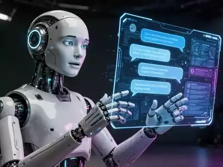 Ein futuristischer humanoider Roboter interagiert mit einem holografischen Chat-Interface in einem Hightech-Studio. - Foto: über boerse-global.de