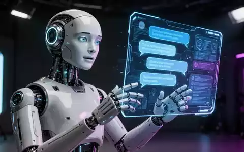 Ein futuristischer humanoider Roboter interagiert mit einem holografischen Chat-Interface in einem Hightech-Studio. - Foto: über boerse-global.de