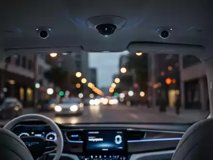 Innenraum eines Waymo-Robotaxis mit dezenten Überwachungskameras, Blick auf eine verschwommene nächtliche Stadtstraße. - Foto: über boerse-global.de