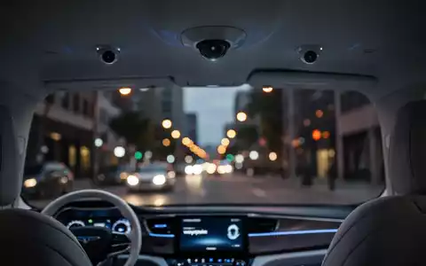 Innenraum eines Waymo-Robotaxis mit dezenten Überwachungskameras, Blick auf eine verschwommene nächtliche Stadtstraße. - Foto: über boerse-global.de