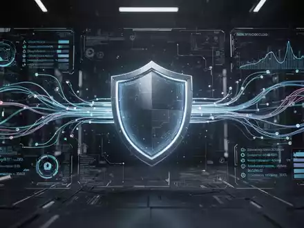 Glühendes Schildsymbol über abstrakten digitalen Daten, symbolisiert Cybersicherheit und sicheres Dokumentenmanagement. - Foto: über boerse-global.de