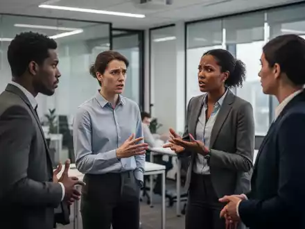 Menschen in einem Deeskalationstraining, die Konfliktmanagement und Kommunikation üben. Eine Person spricht beruhigend auf eine andere ein. - Foto: über boerse-global.de