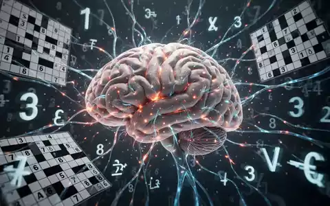 Ein stilisiertes Gehirn mit leuchtenden neuronalen Verbindungen, umgeben von KreuzwortrĂ€tseln, Zahlen und logischen Symbolen. - Foto: ĂŒber boerse-global.de
