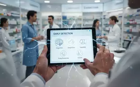 Hände halten ein Tablet mit einem kognitiven Test. Im Hintergrund sind verschwommen Menschen in einer modernen Apotheke zu sehen. - Foto: über boerse-global.de
