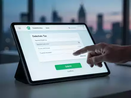 Eine Hand tippt auf einen Tablet-Bildschirm, der eine vereinfachte digitale Steuererklärung anzeigt, vor einem verschwommenen modernen Hintergrund. - Foto: über boerse-global.de