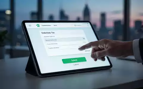 Eine Hand tippt auf einen Tablet-Bildschirm, der eine vereinfachte digitale Steuererklärung anzeigt, vor einem verschwommenen modernen Hintergrund. - Foto: über boerse-global.de