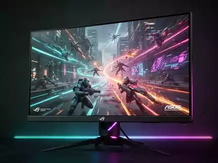 Nahaufnahme eines leistungsstarken ASUS ROG Gaming-Monitors mit lebendigen, schnellen Spielgrafiken in dunkler Umgebung. - Foto: über boerse-global.de