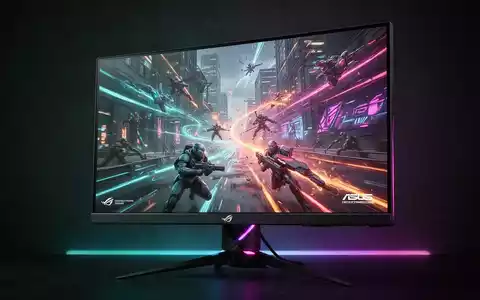 Nahaufnahme eines leistungsstarken ASUS ROG Gaming-Monitors mit lebendigen, schnellen Spielgrafiken in dunkler Umgebung. - Foto: über boerse-global.de