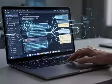 Nahaufnahme eines MacBook Pro-Bildschirms mit KI-gestützter Notiz- und Transkriptionssoftware, subtile leuchtende Linien deuten auf Datenverarbeitung hin. - Foto: über boerse-global.de